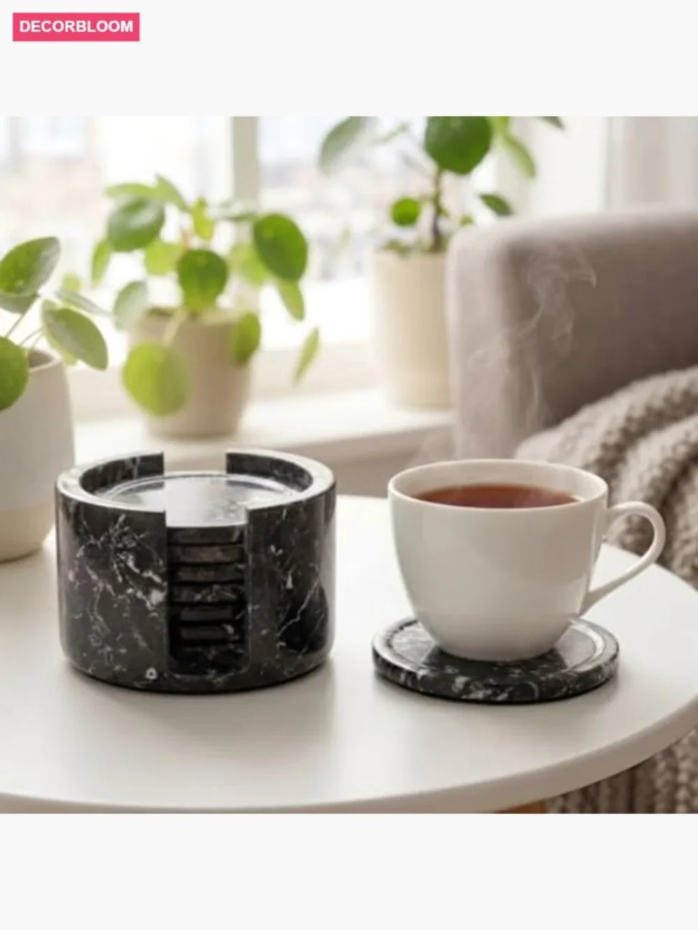 Set of 8 Handmade Marble Coasters with Holder, Round 3.5